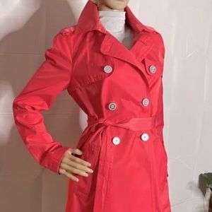 Express Coral Red Double-Breasted Trench Coat
